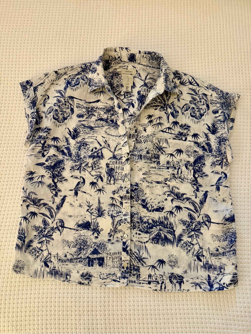 Joie 100% Linen Blue White Tropical Toile Button Down Top M